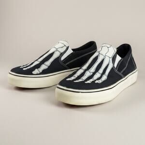 Skeleton Hand Slip On Sneakers Black White Canvas Shoes Mens Size 7